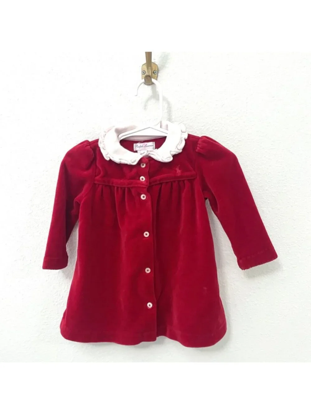 Ralph Lauren Ruffle Collar Long Sleeve Red Velvet Dress Size 6M Holiday Heirloom